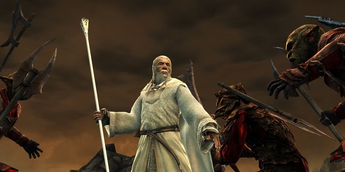 Gandalf berdiri di tengah sekelompok orc di The Lord of the Rings: Conquest.