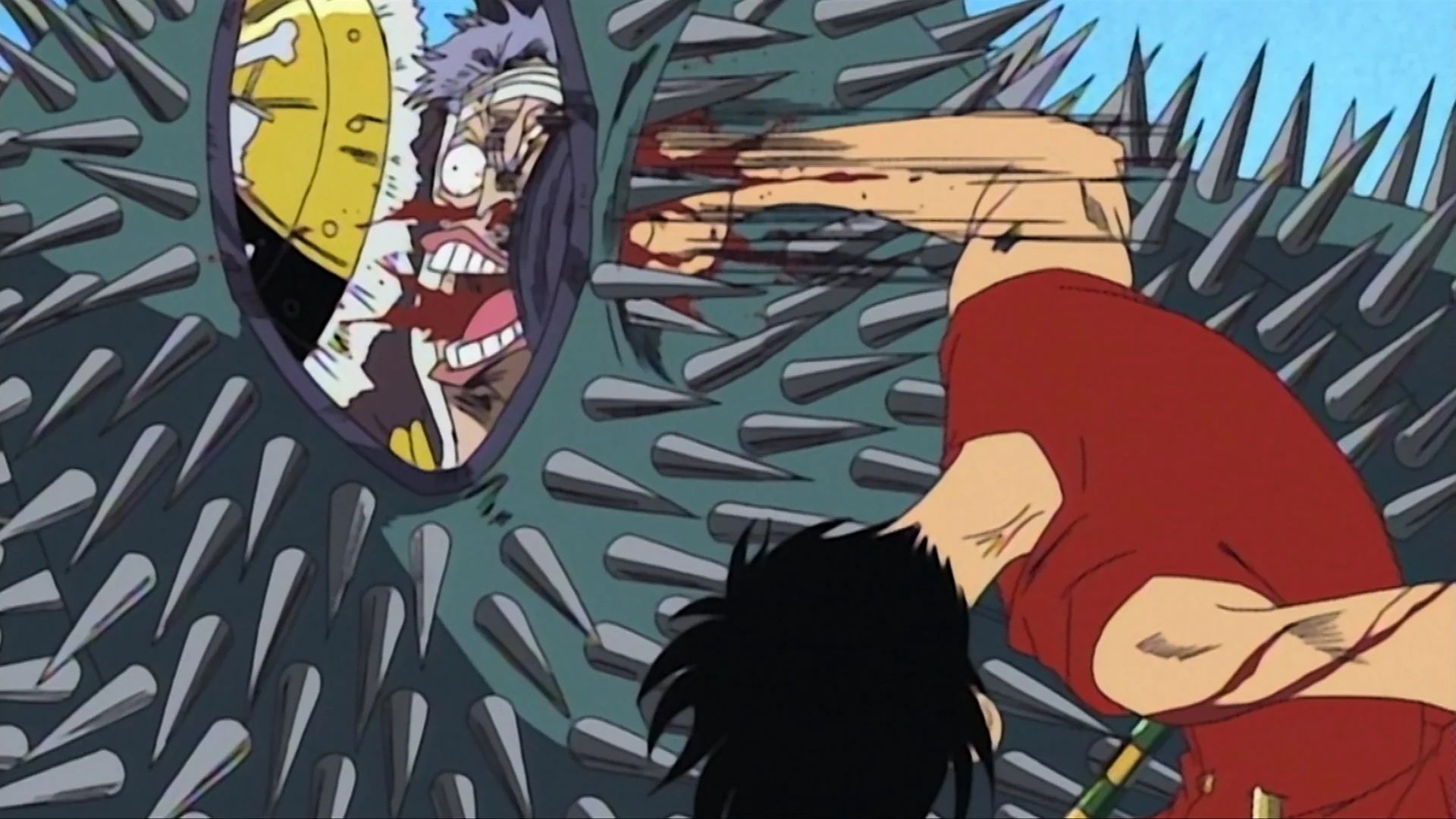 One Piece anime image shows Luffy punching Don Krieg through his metal spike cape and getting hit in the face.