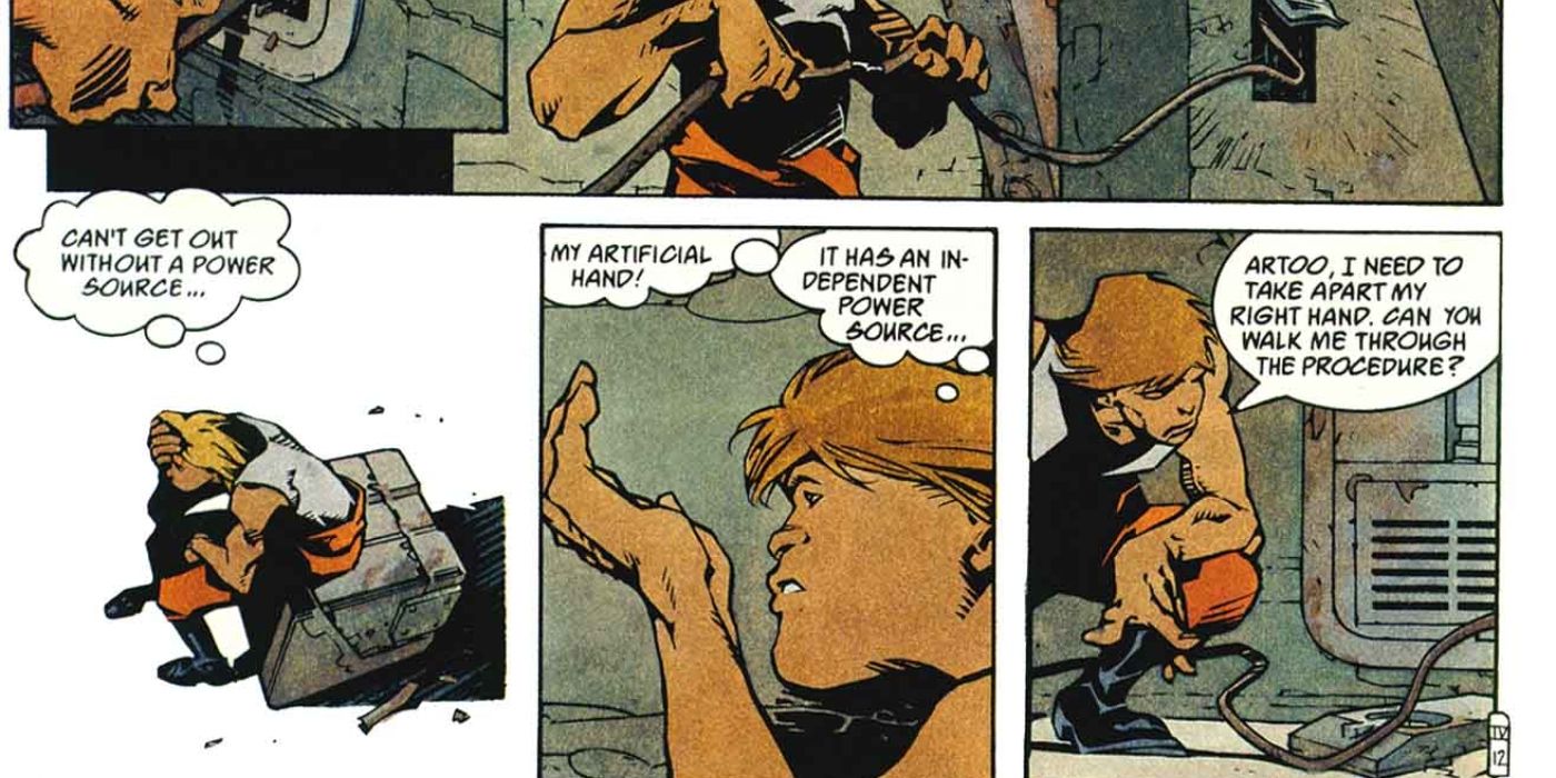 Luke Skywalker using his robot hand to escape prison.