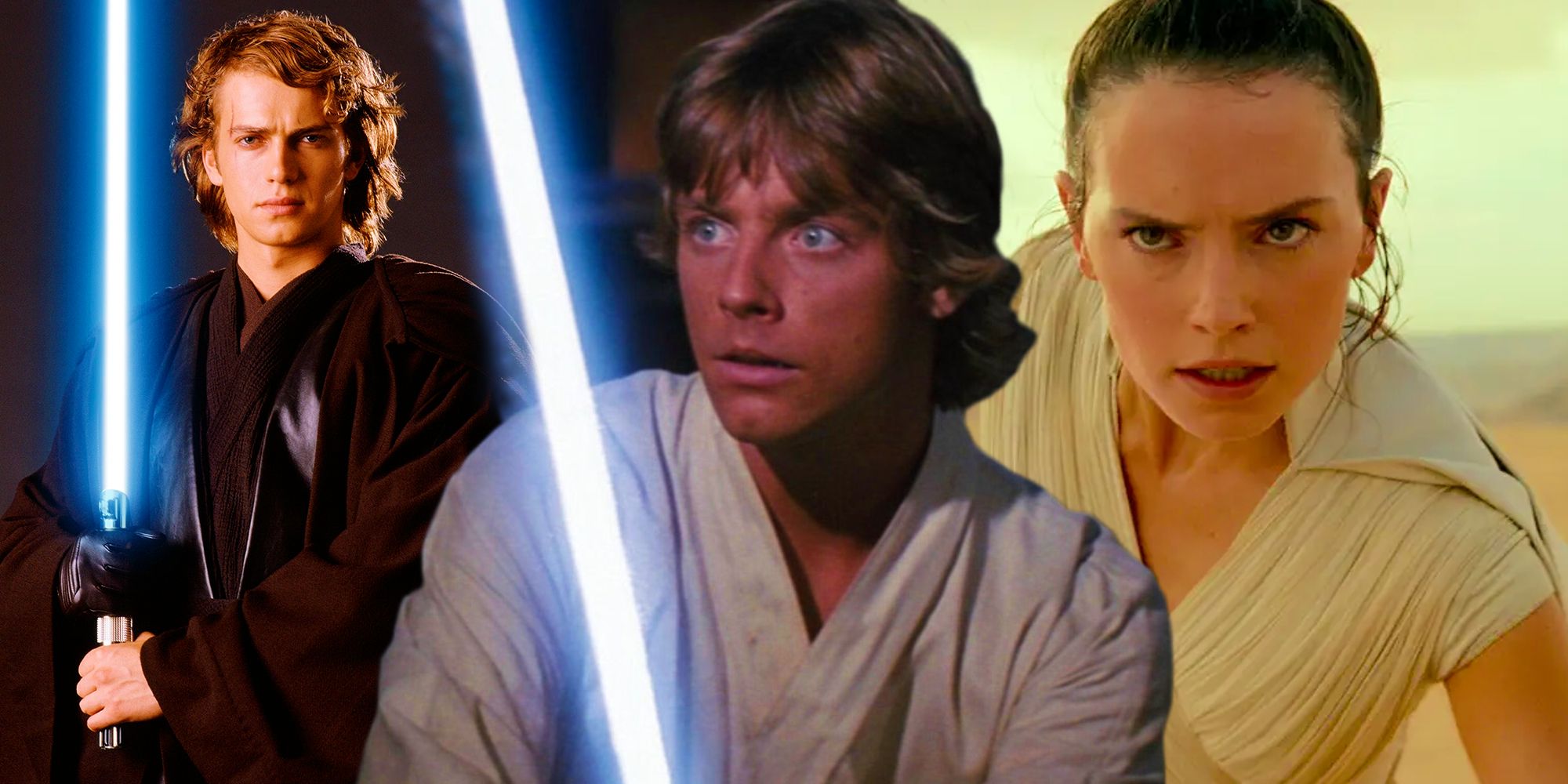 Luke, Rey, and Anakin Skywalker from each Star Wars trilogy.