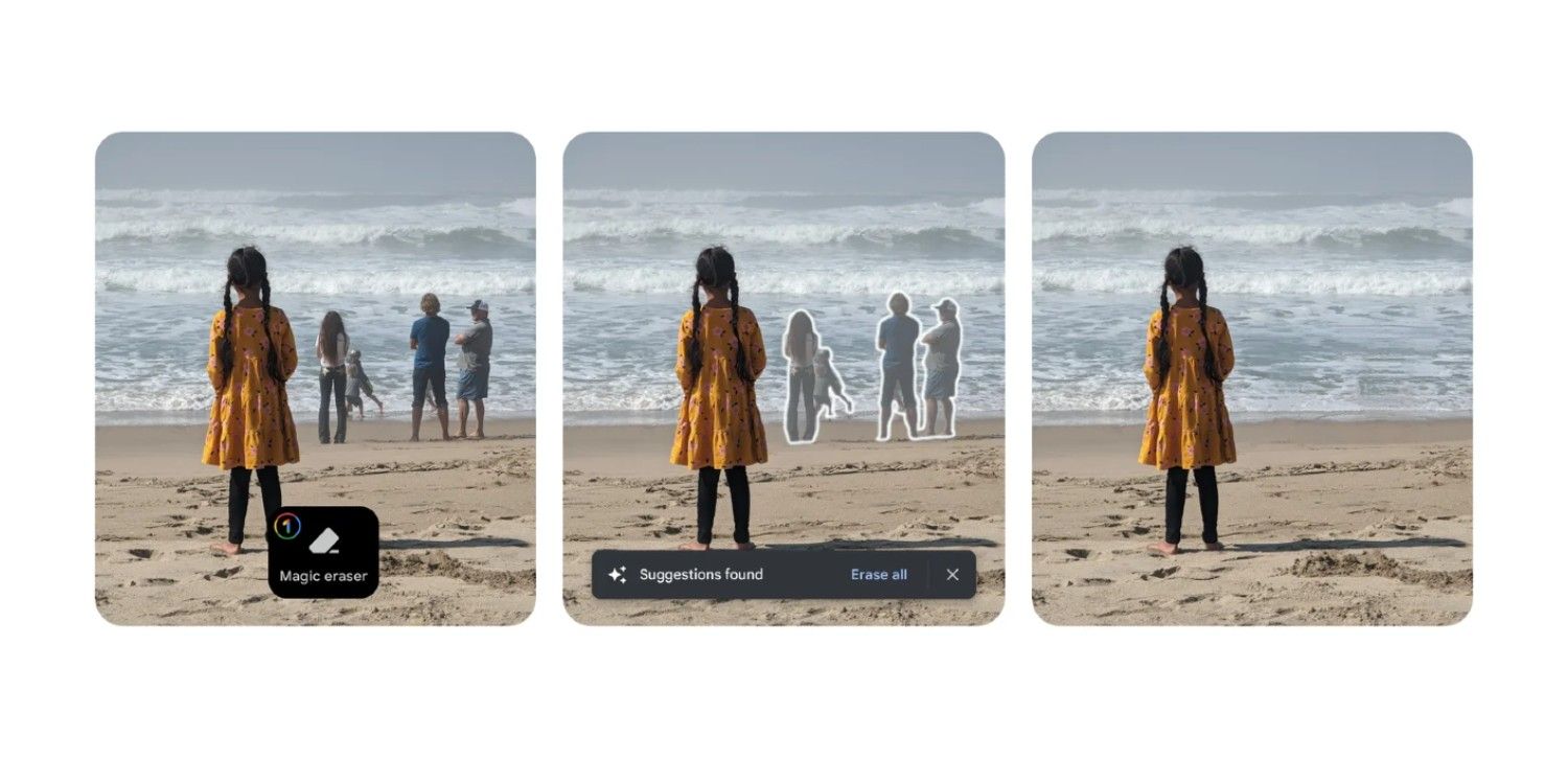 Google's Magic Eraser tool example showing background people edited out from a photo of a young girl on the beach