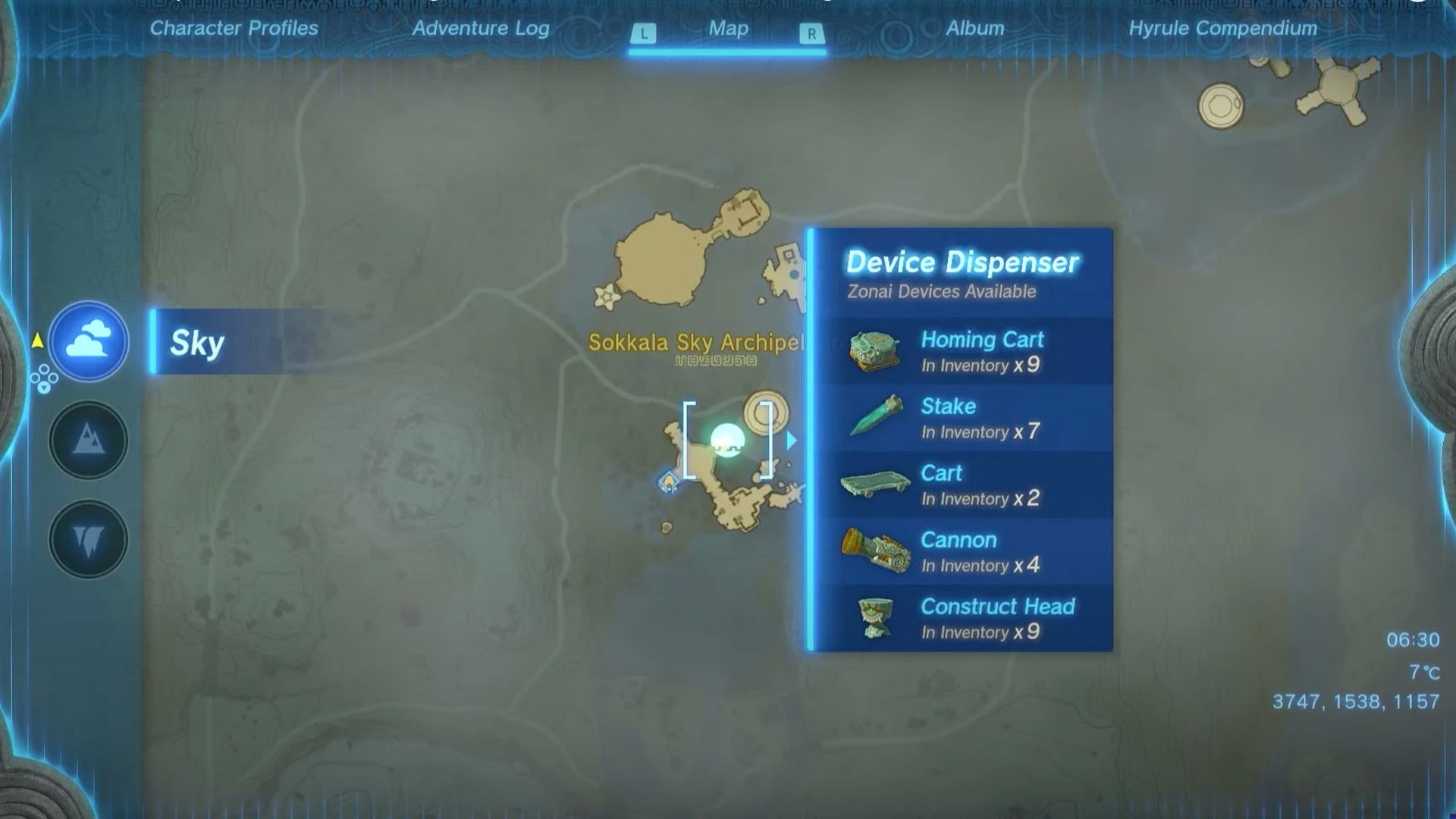 Map showing device dispenser items in Zelda TOTK