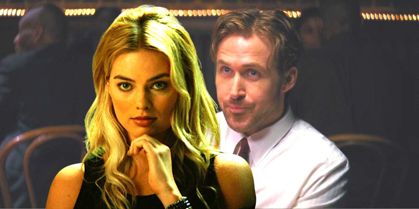 Margot Robbie gazing alluringly into the camera mashed up with Ryan Gosling in a smoky club