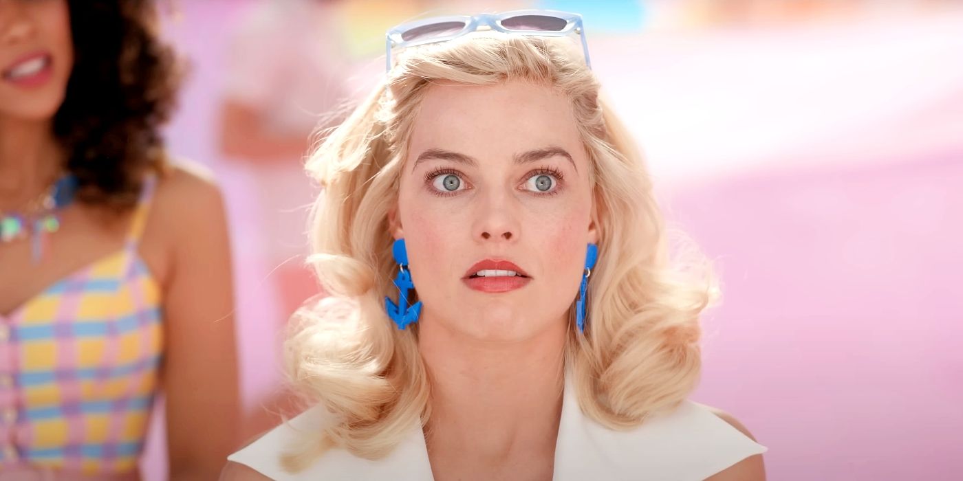 Margot Robbie looking surprised in Barbie.