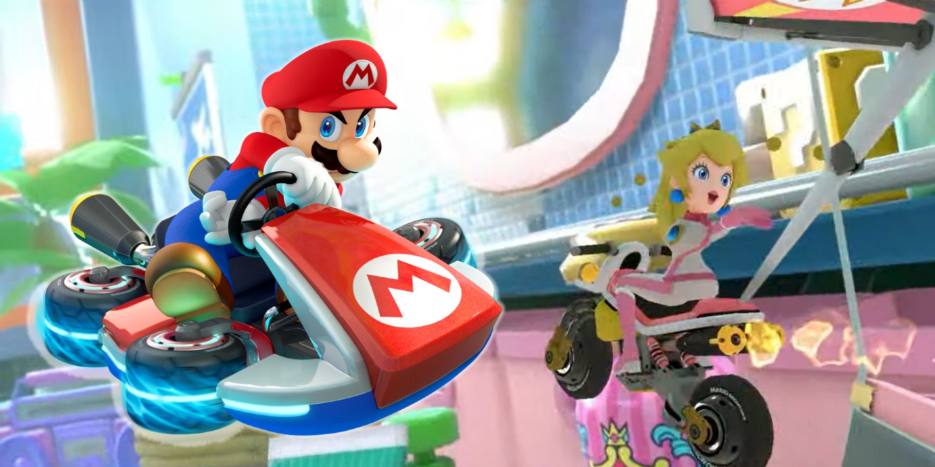 An image of Princess Peach doing a jump on Mario Kart 8's new Squeaky Clean Sprint course, superimposed with an image of Mario drifting.