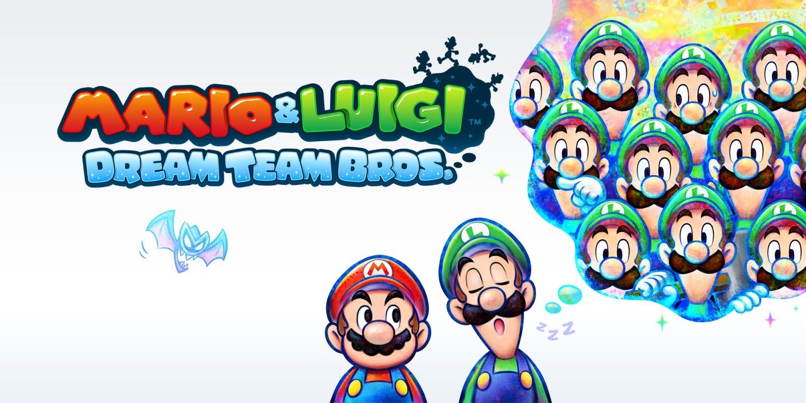 Mario and Luigi Dream Team Bros cover art with Mario and a sleeping Luigi dreaming of more Luigis