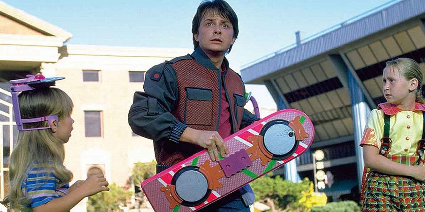 Marty McFly with a hover board in Back to the Future II