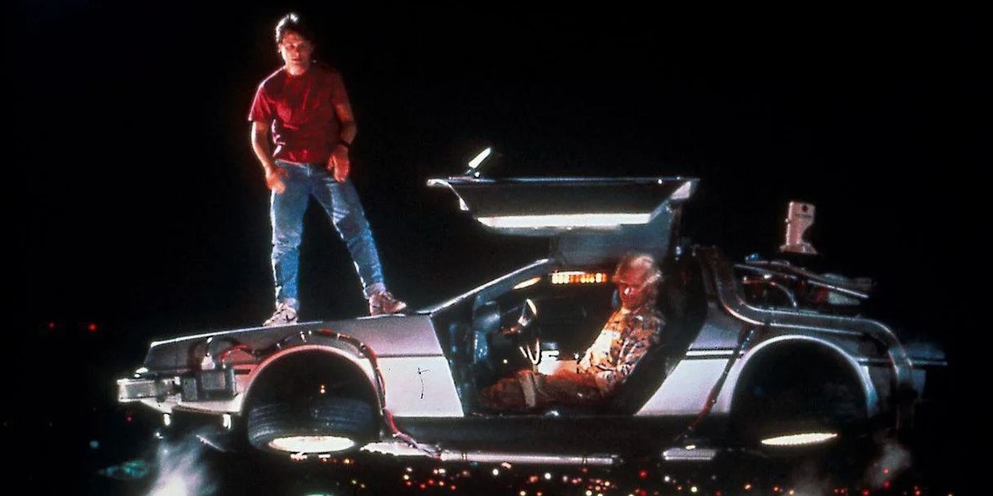 Marty stands on the DeLorean in Back to the Future