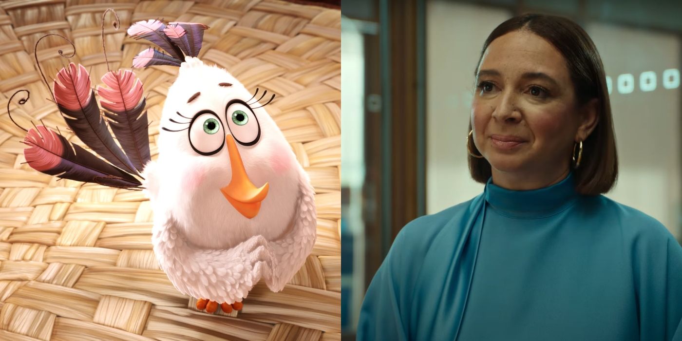 Matilda from The Angry Birds Movie is next to voice actor Maya Rudolph.