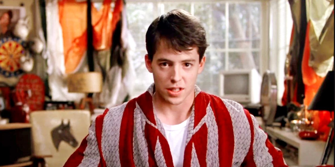 Matthew Broderick as Ferris Bueller looking into the camera in Ferris Bueller's Day Off.