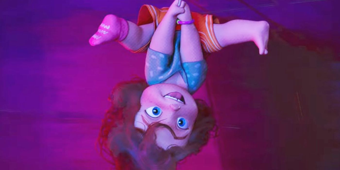 Mayday Parker upside down in a scene from Spider-Man: Across the Spider-Verse.