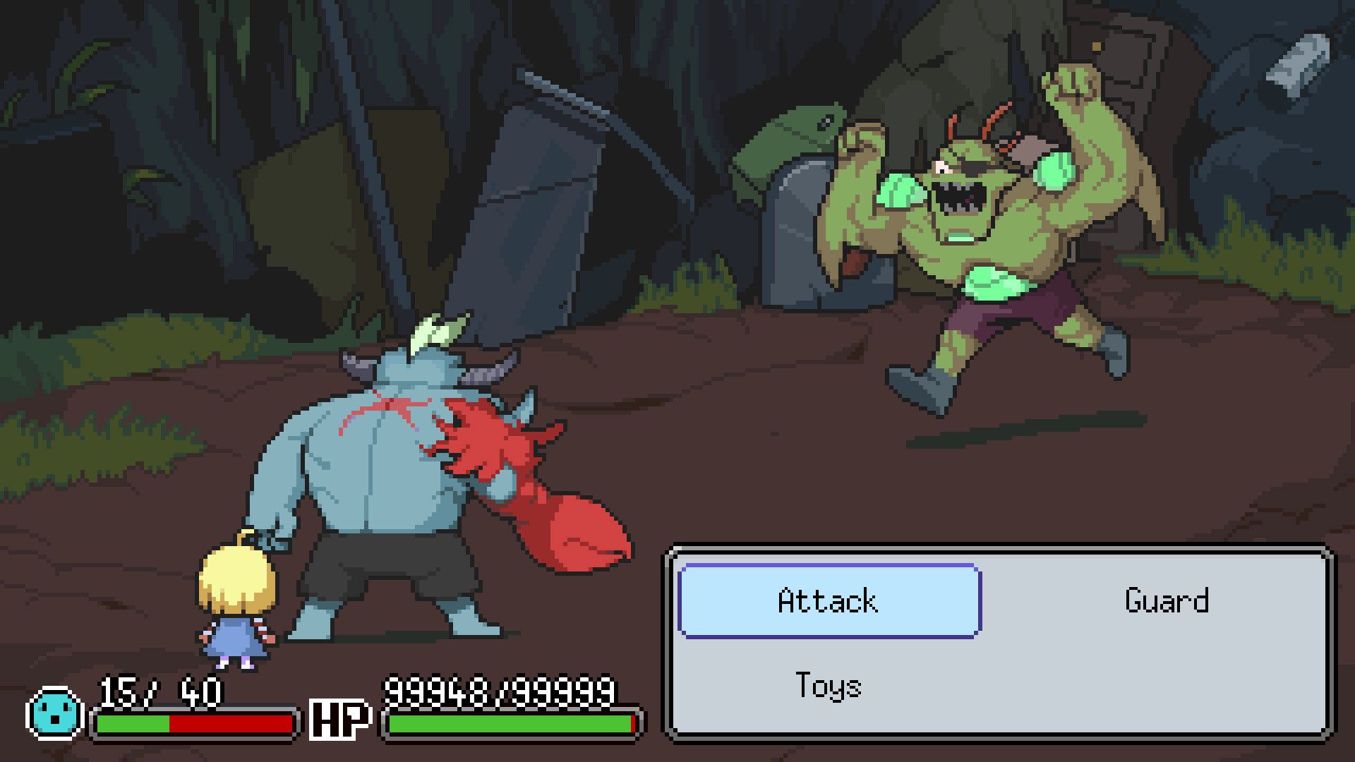 Tangkapan layar dari layar pertempuran Monster Meg, menunjukkan Meg dengan 15 hit point dan Roy dengan 99.948 hit point.