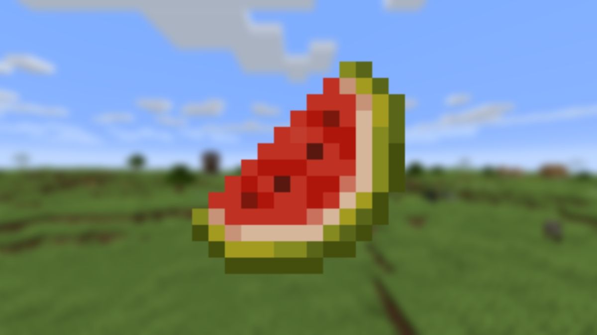 View of watermelon slices on a blurry background of some plains in Minecraft