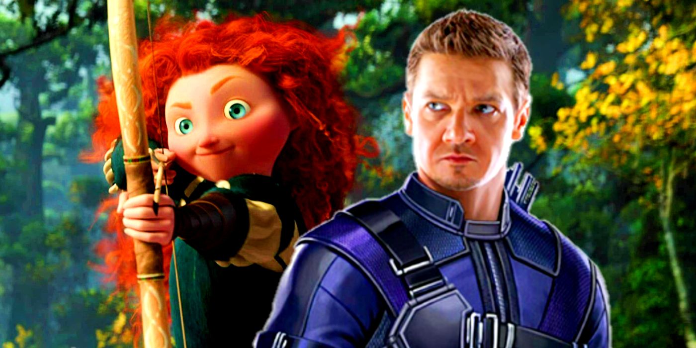 Merida from Brave wields bow and arrow on the left while Hawkeye looks serious and wears purple gear on right