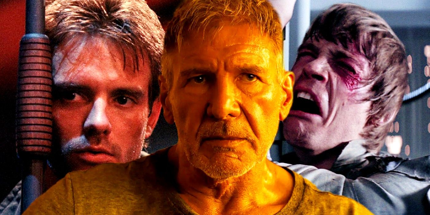 Michael Biehn as Kyle Reese in Terminator Harrison Ford as Deckard in Blade Runner 2049 and Mark Hamill as Luke Skywalker in Star Wars Empire Strikes Back