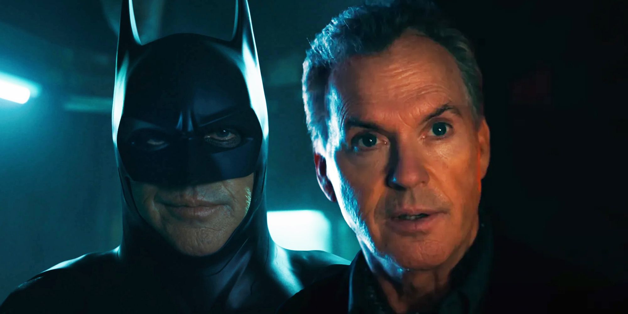 A split image of Michael Keaton as Bruce Wayne and Batman in The Flash