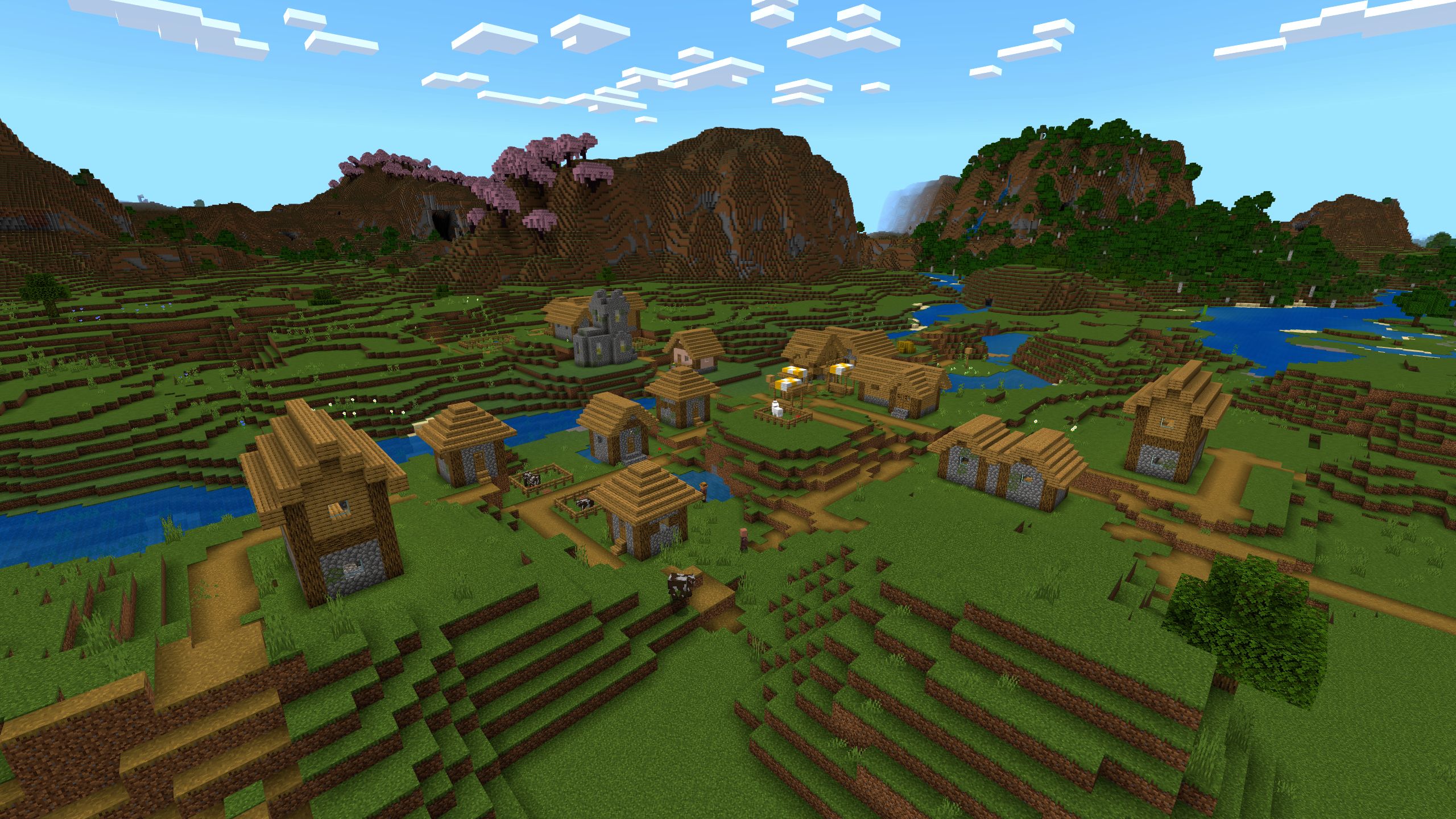 Minecraft Bedrock Edition Plains Village Near Hills With Cherry Blossom Trees