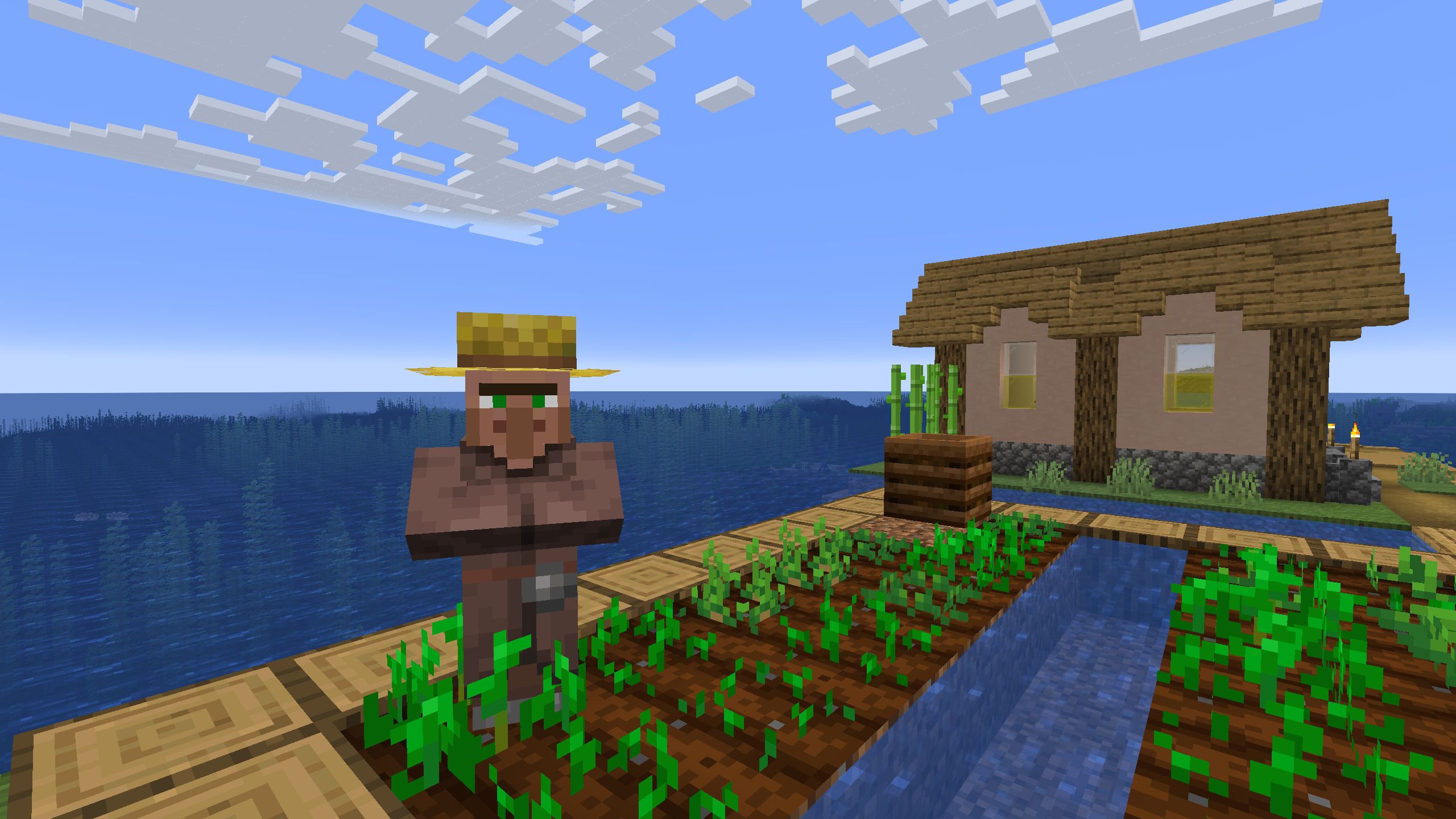 Minecraft Farmer Villager em pé perto de uma fazenda de batata em Oceanside Village
