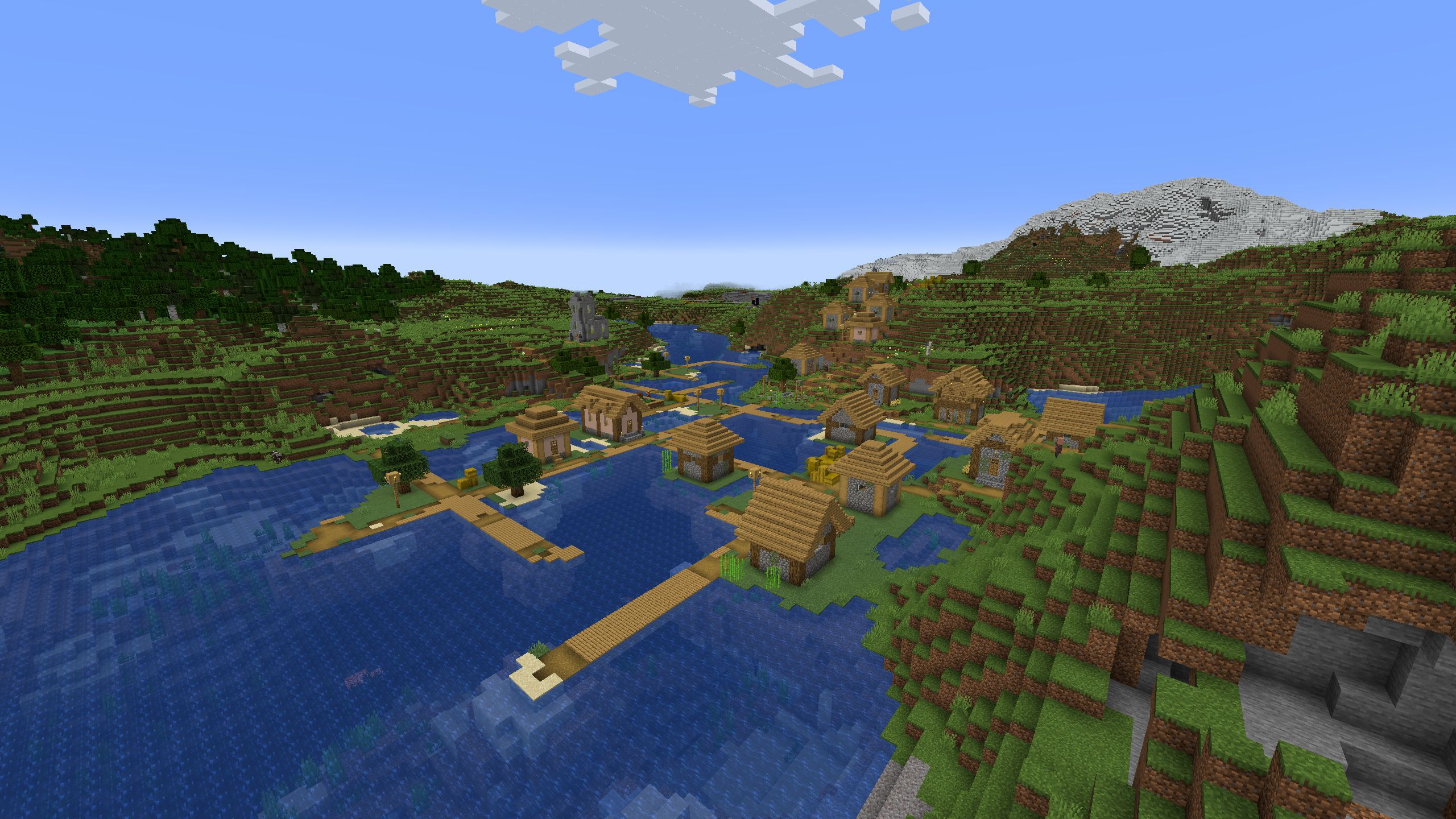 Minecraft Java Edition Plains Village With Nearby Pillager Outpost And Snowcapped Hills