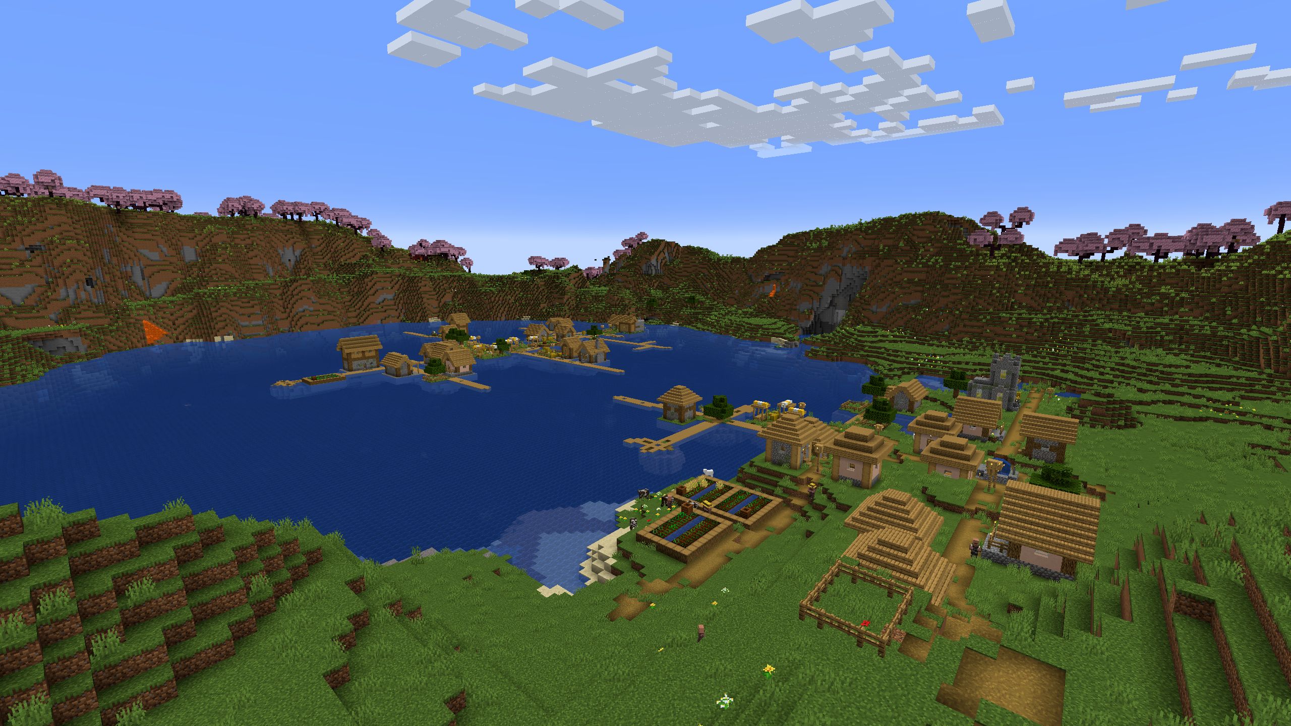 Minecraft Java Edition Two Villages On Deep Lake Surrounded By Cherry Blossom Trees