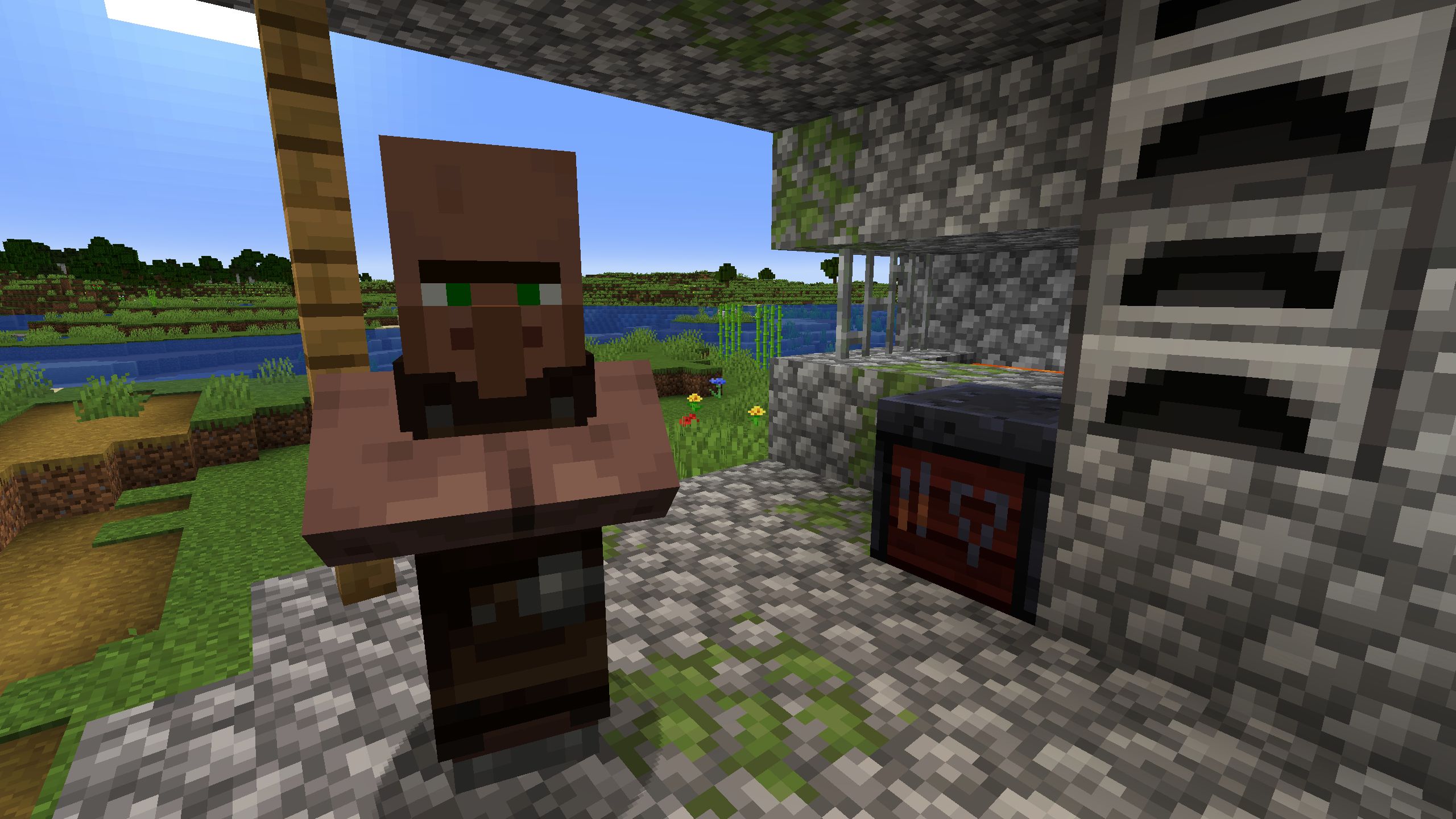 Minecraft Toolsmith Villager em pé perto da mesa de ferraria e fornos de pedra