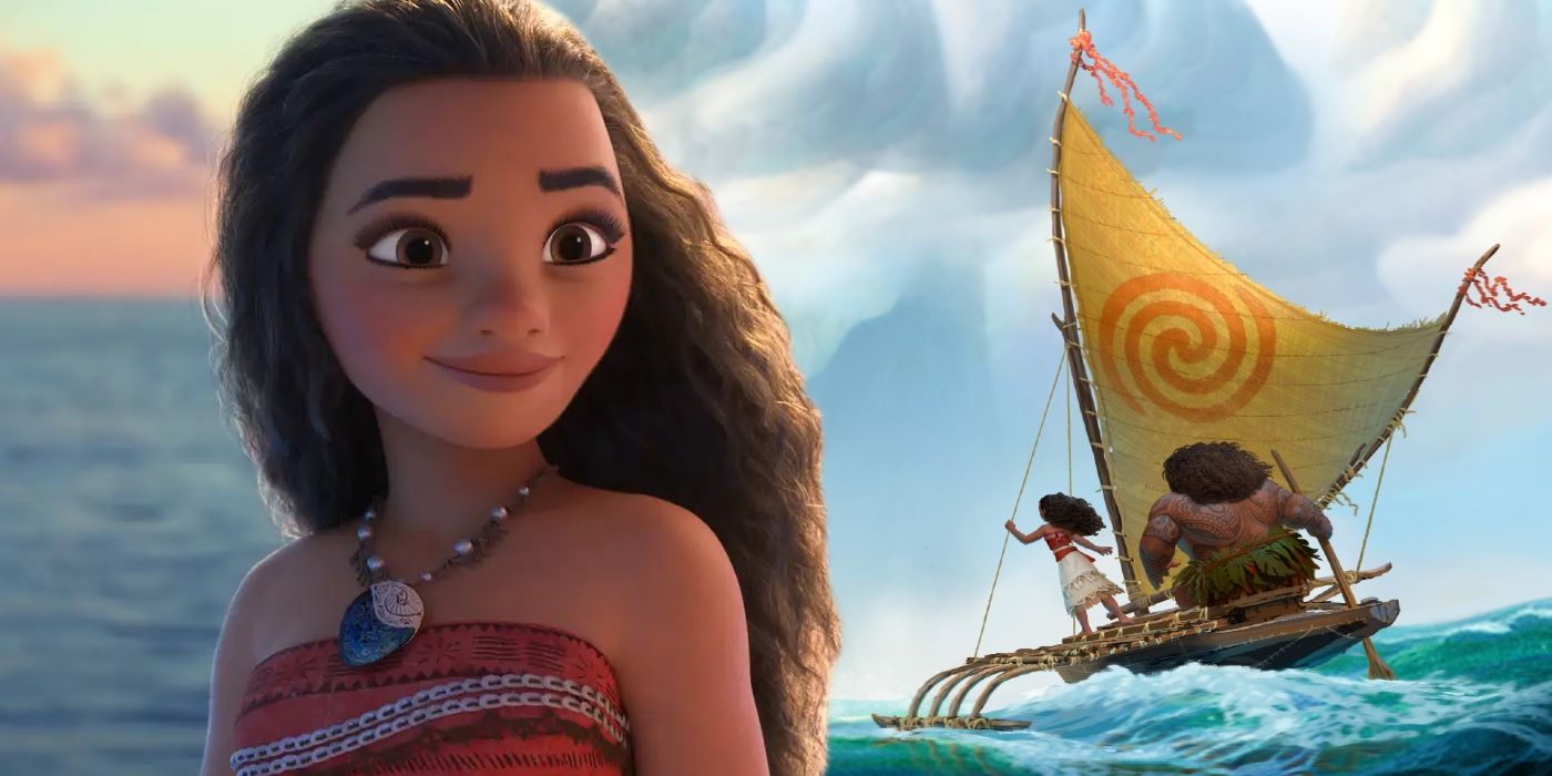 A composite image of Moana and a ship sailing on the sea from the Disney film