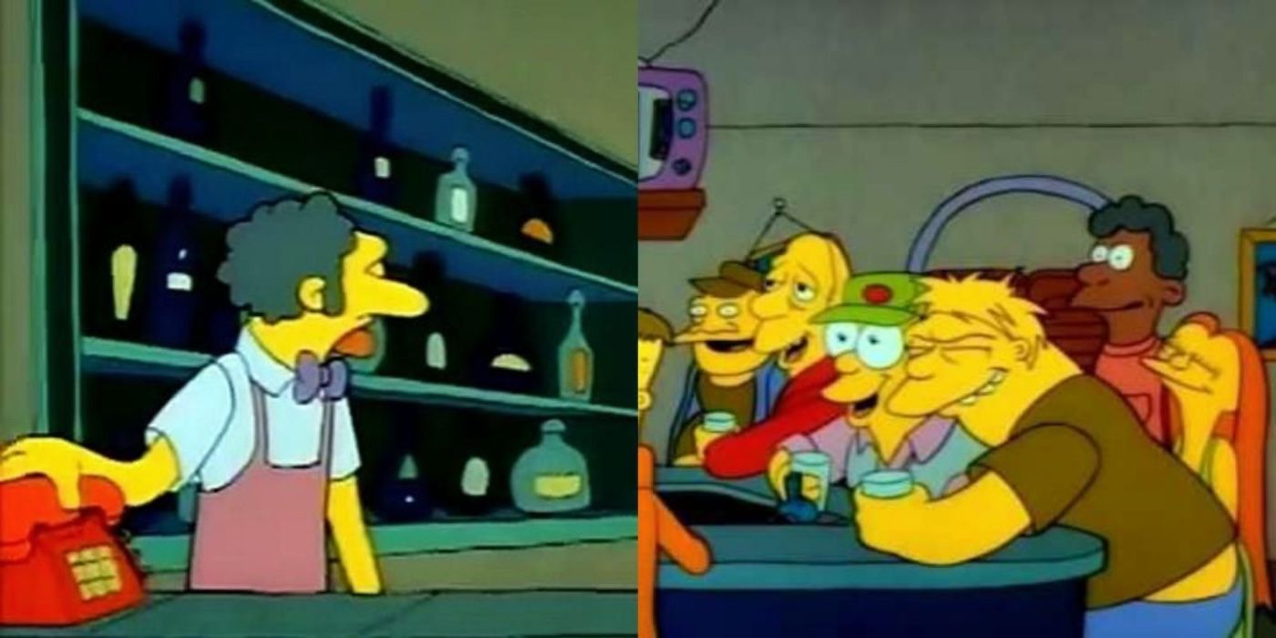 Moe hanging up the phone while his patrons laugh The Simpsons