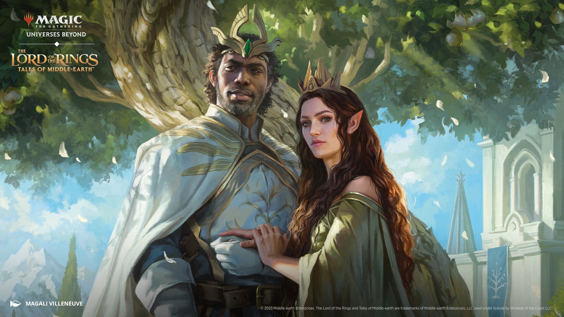 MTG&rsquo;s Aragorn and Arwen, standing together under a tree in what appears to be Minas Tirith.