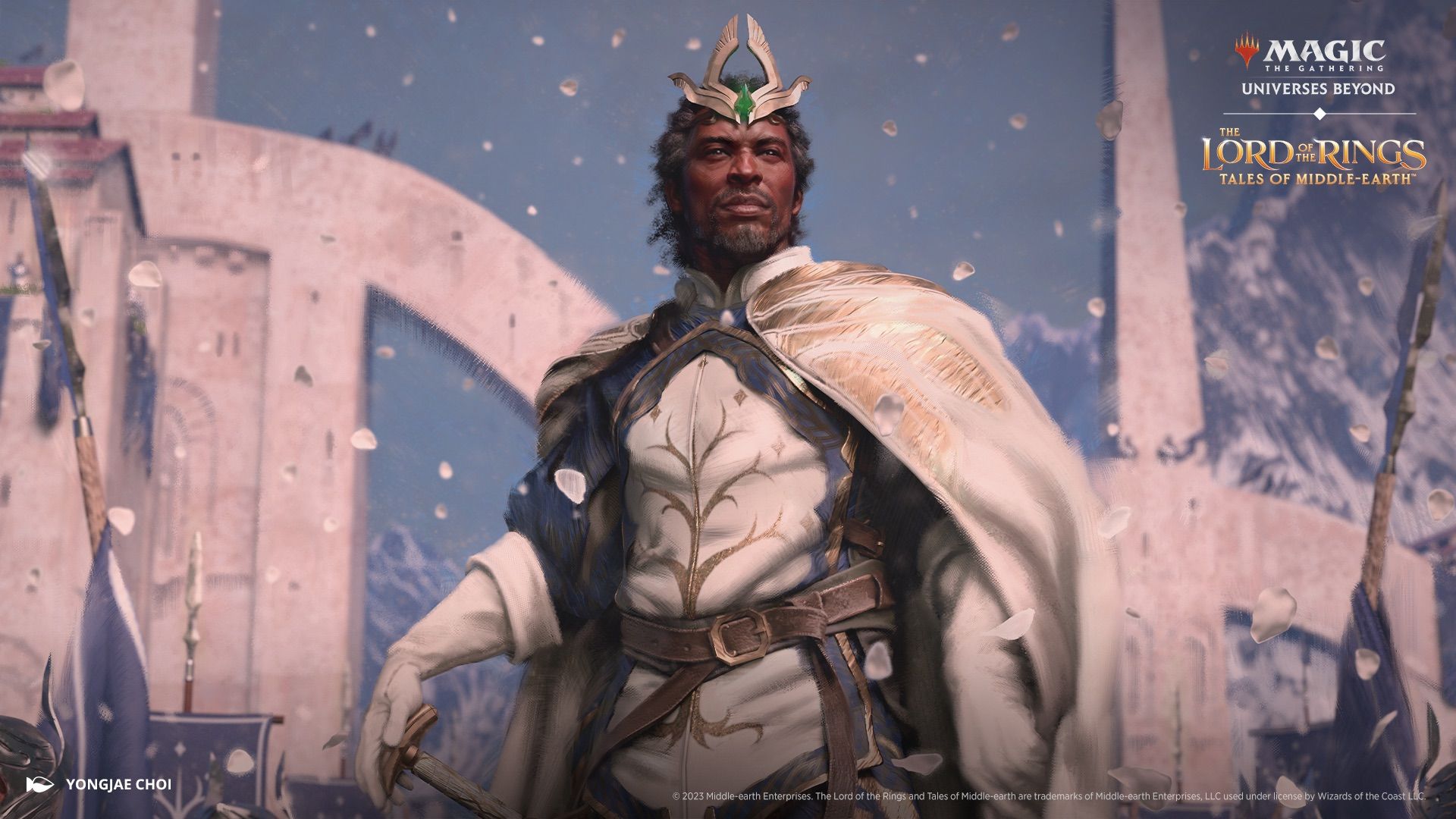 MTG&rsquo;s depiction of Aragorn as the King of Gondor wearing a crown and regal attire adorned with the tree imagery associated with Minas Tirith.