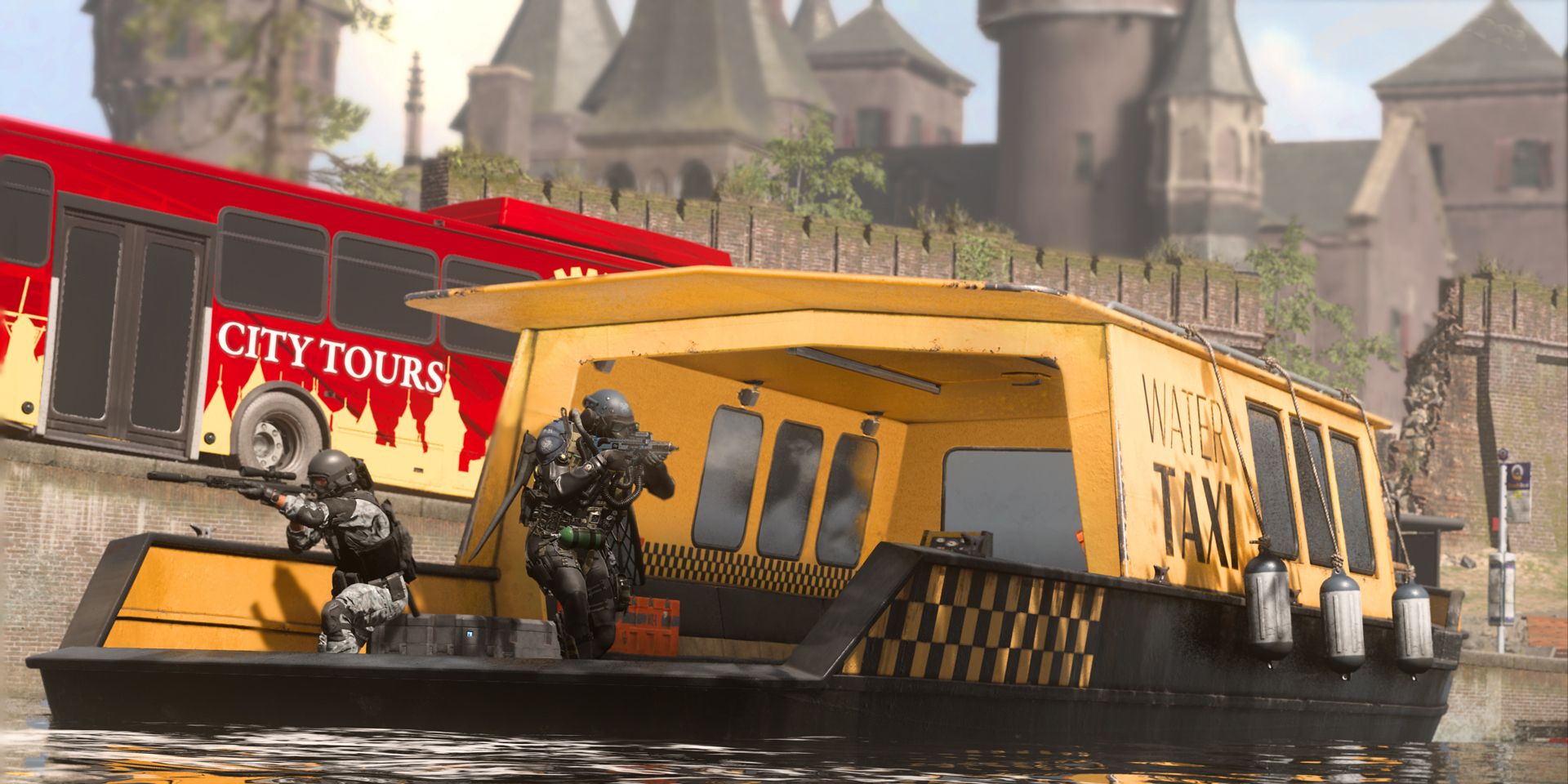 Dua karakter pemain membidik pemandangan senjata mereka, dipasang di belakang taksi air berwarna kuning cerah yang menyusuri salah satu kanal Vondel.