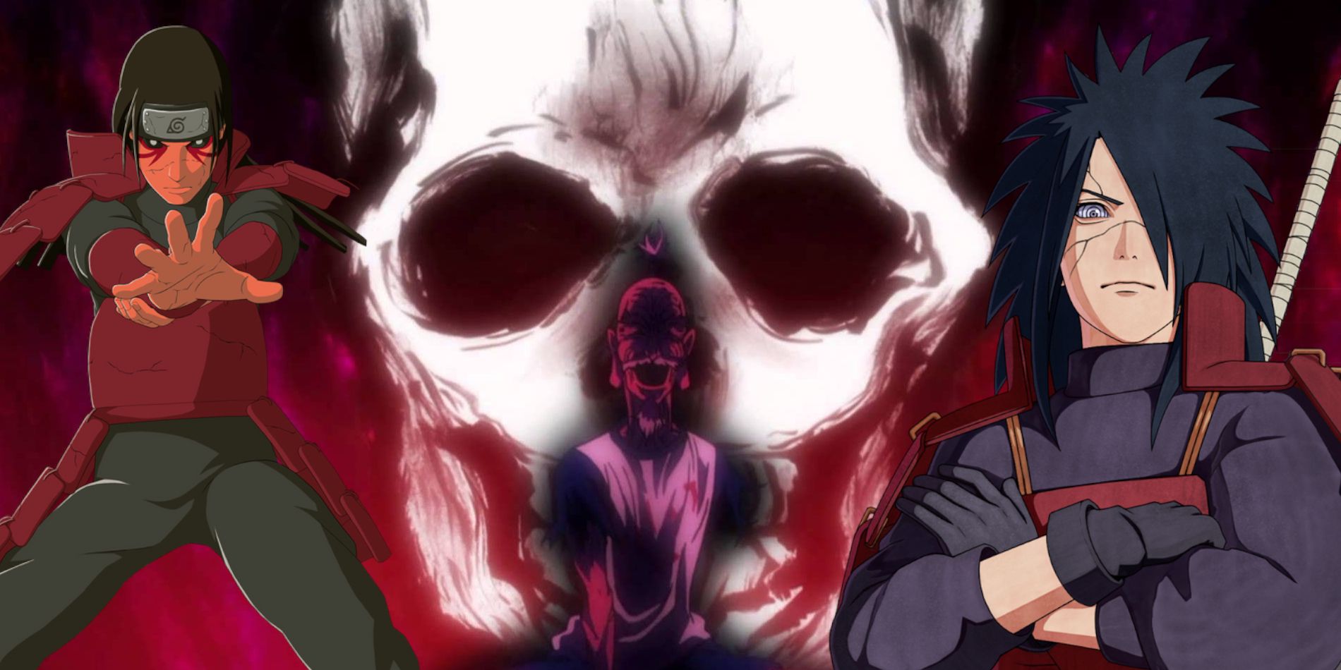 Naruto characters Madara and Hashirama stand in front of Hunter X Hunter's Netero who is missing an arm and smiling creepy with a large white skull behind him.