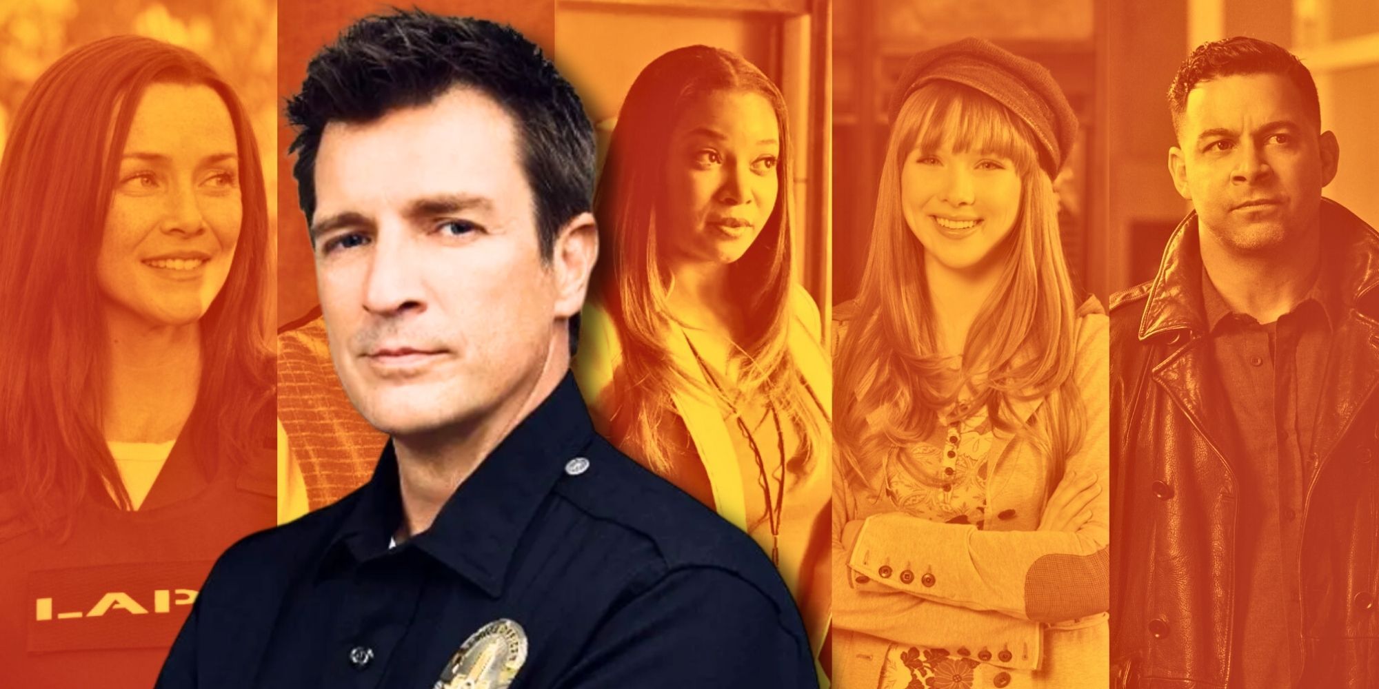 Composite image of Nathan Fillion in front of his co-stars
