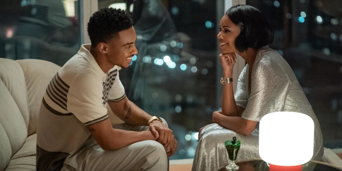 Keith Powers and Gabrielle Union smiling at one another in Netflix's The Perfect Find