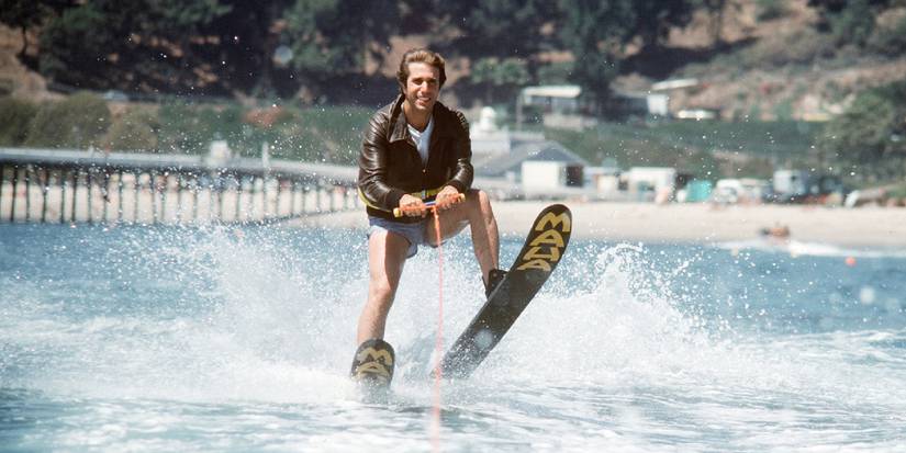Henry Winkler as Fonzie jumping the shark on waterskis in Happy Days.