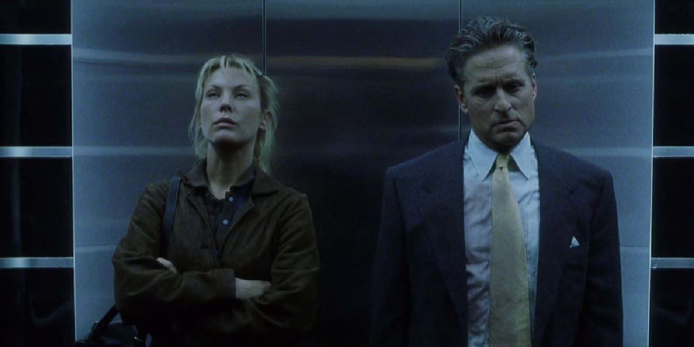 Michael Douglas and Deborah Kara Unger in an elevator in The Game