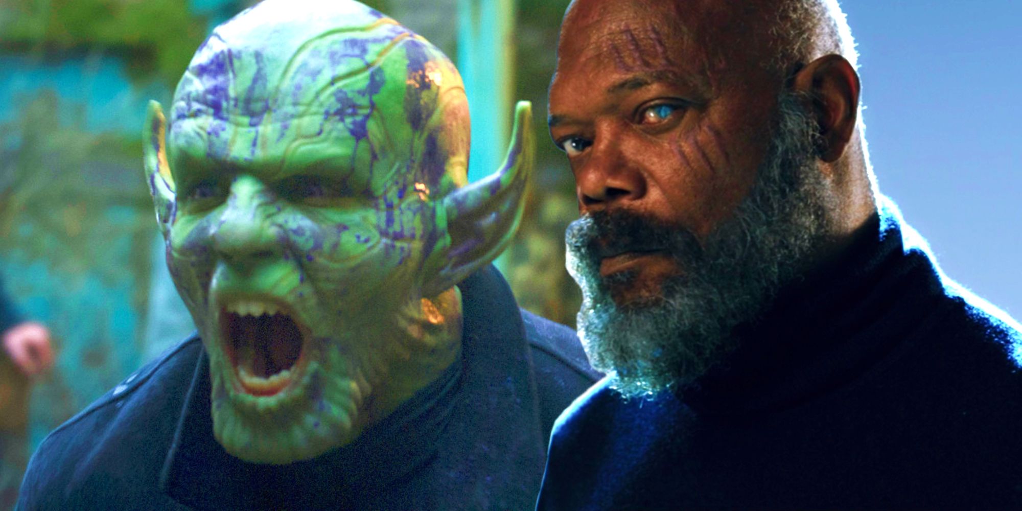 Nick Fury from Secret Invasion in the MCU next to a Skrull roaring