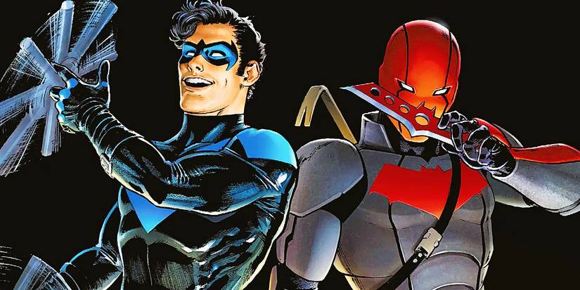 Comic book art: Nightwing and Red Hood stand next to each other with their weapons.