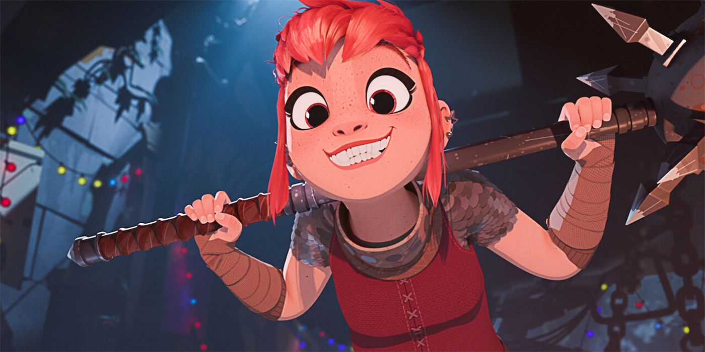 nimona smiling and carrying a mace