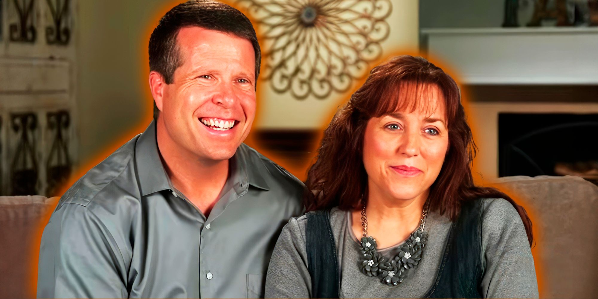 Jim Bob and Michelle Duggar montage smiling with home background