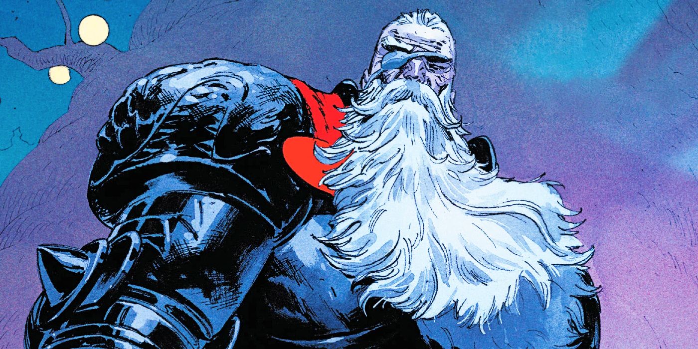 Um velho Odin, de armadura preta e longa barba, olha tristemente.