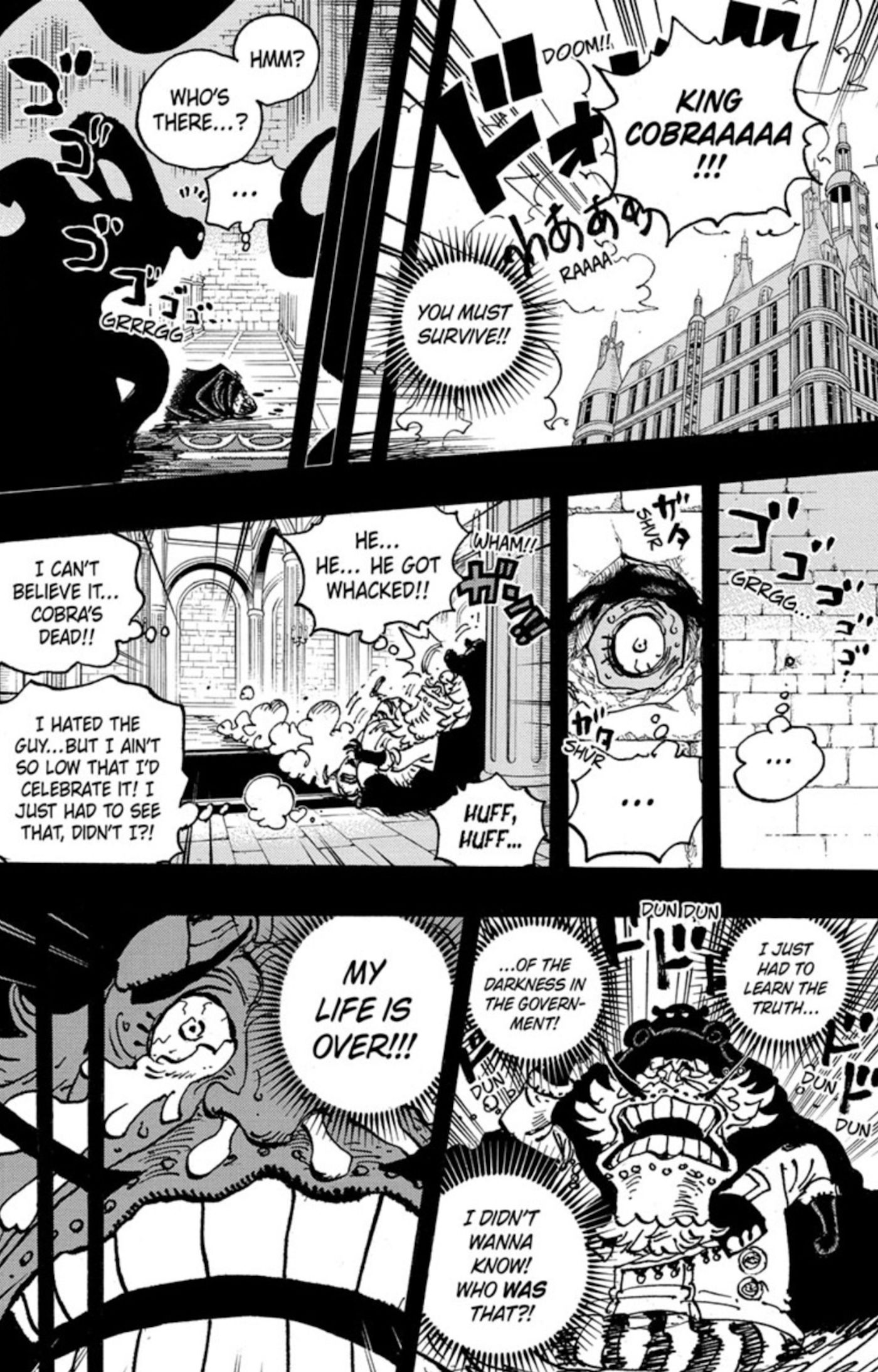 Panel manga dari One Piece chapter 1085 menunjukkan Raja Wapol melihat pembunuhan Cobra oleh 5 Sesepuh di ruang singgasana Imu melalui lubang kecil acak di dinding.