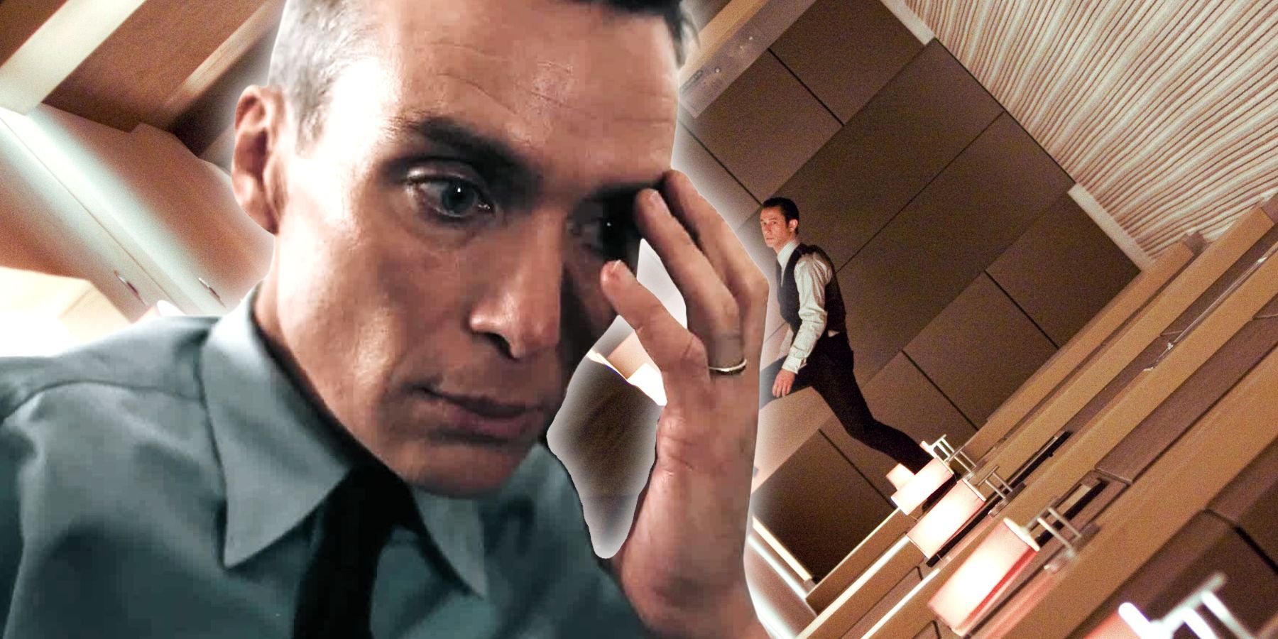 In the foreground, Cillian Murphy, as J. Robert Oppenheimer, clutches his head and looks forlorn in Christopher Nolan's Oppenheimer. Behind him, a scene from Nolan's Inception shows a character defying gravity in the dream world.