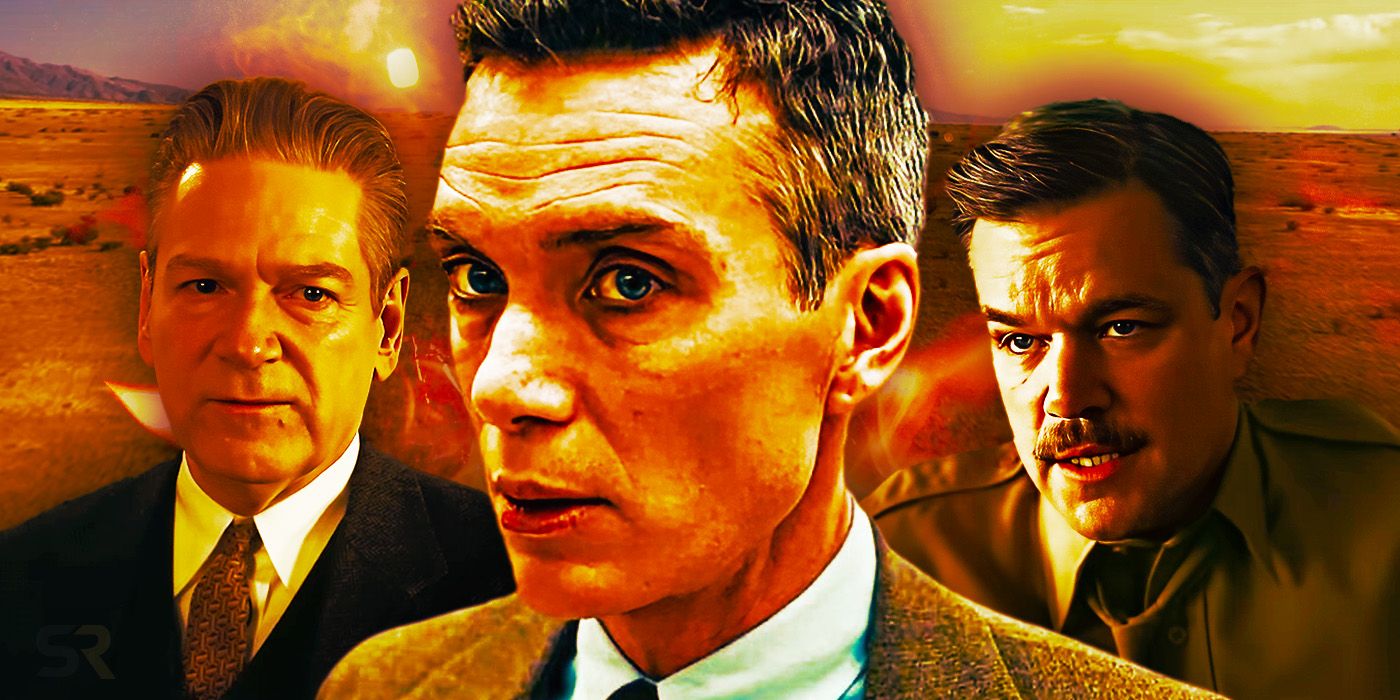 Blended image of Oppenheimer cast members Kenneth Branagh (Niels Bohr), Cillian Murphy (J. Robert Oppenheimer), and Matt Damon (Gen. Leslie R. Groves)