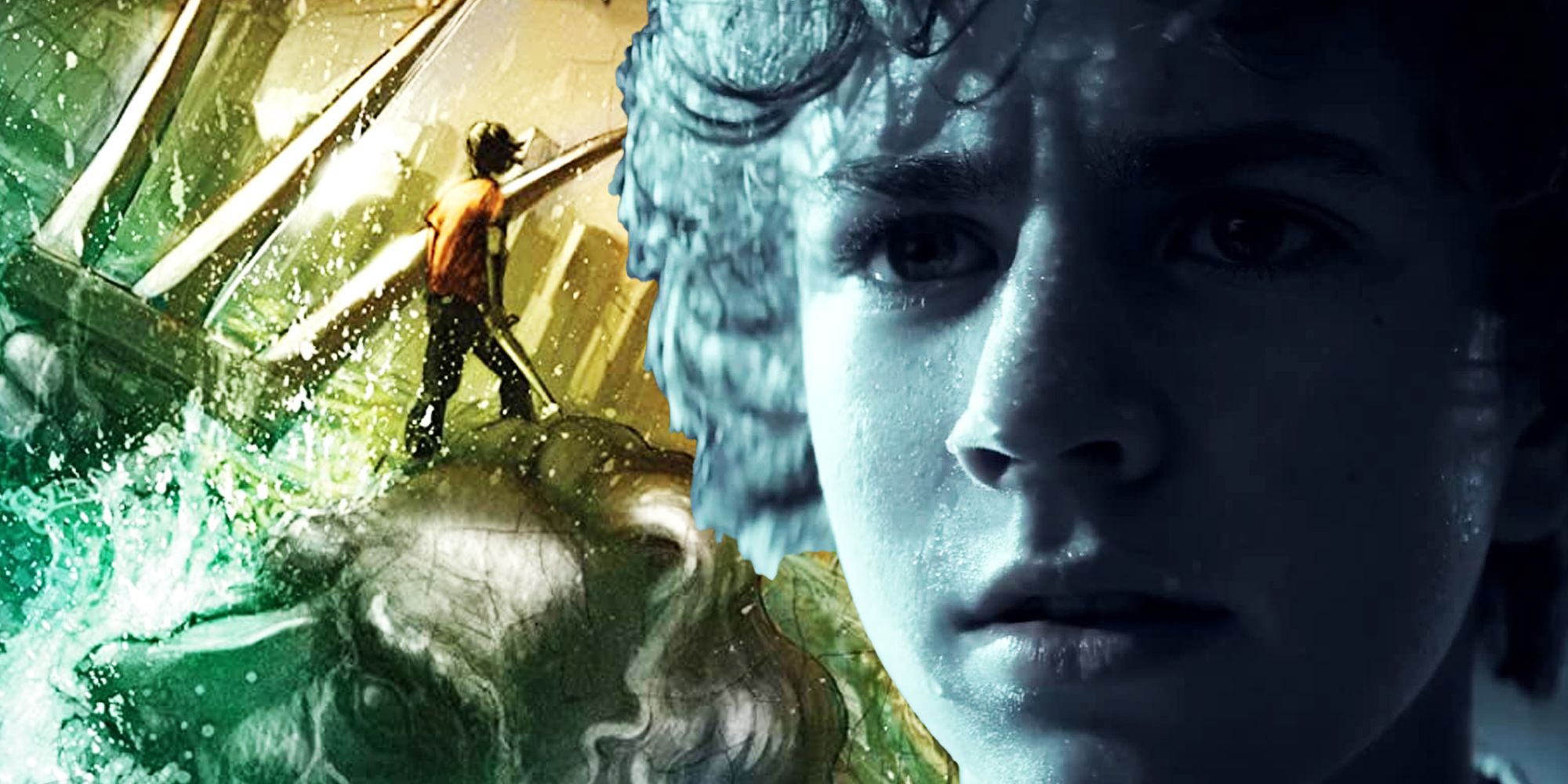 Percy Jackson and The Lightning Thief cover art with a closeup of Walker Scobell