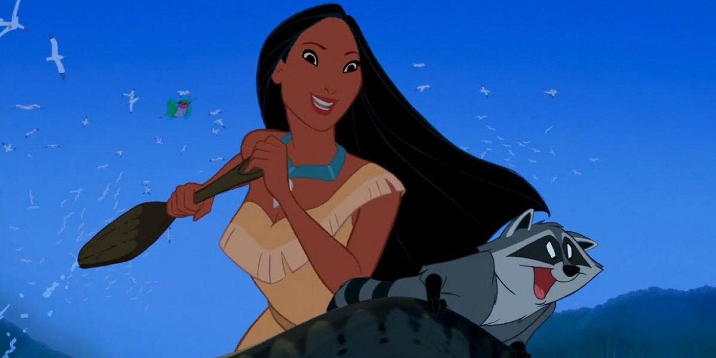 Pocahontas and Meeko the racoon in a canoe
