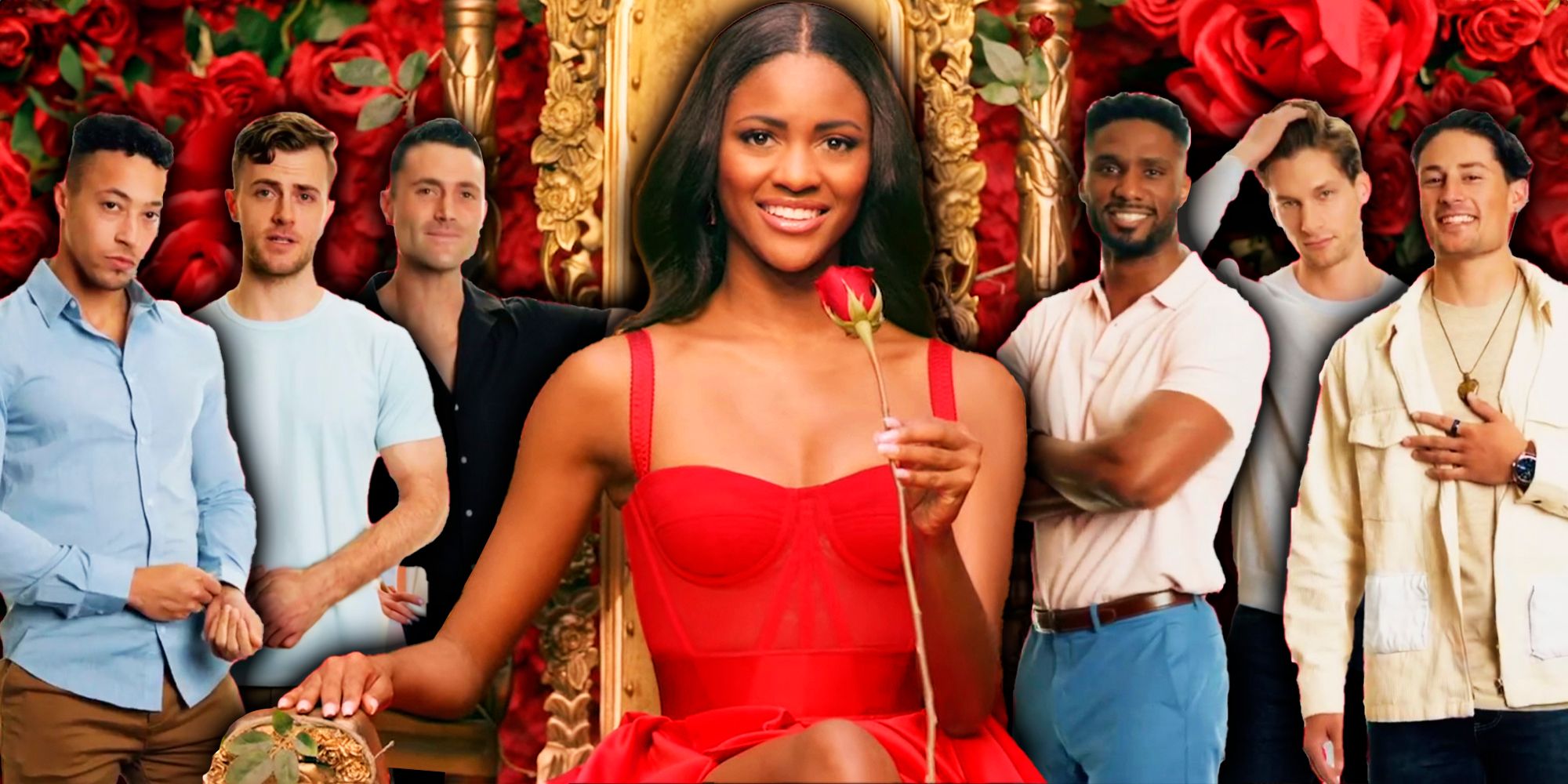 The Bachelorette's Charity Lawson and 6 of her suitors in front of roses