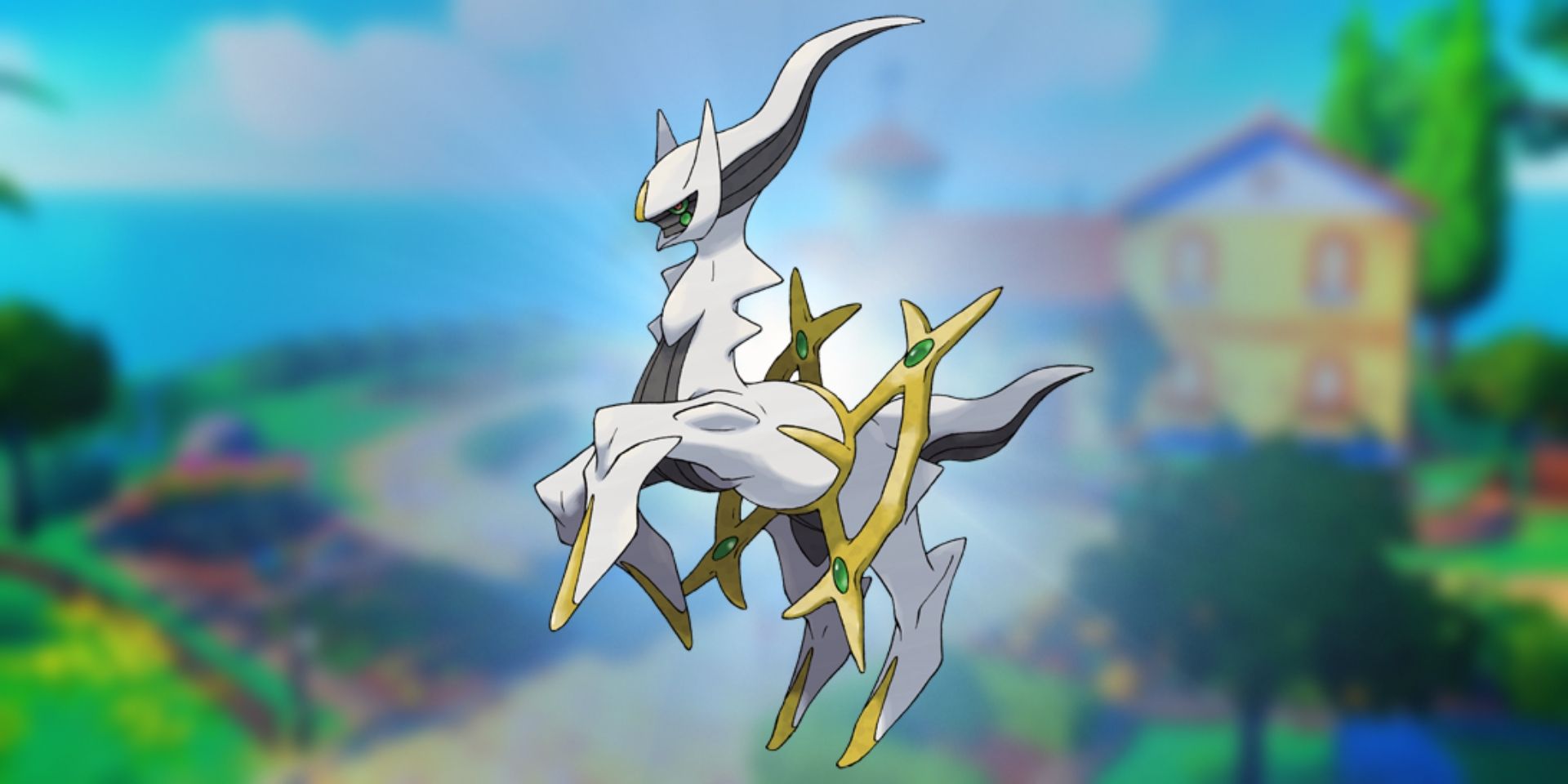 Arceus raises its front paws and poses in the middle.