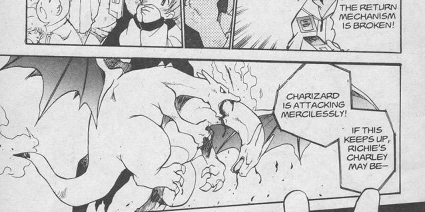 Ash's Charizard mengambil darah di manga Electric Tale of Pikachu Pokemon.
