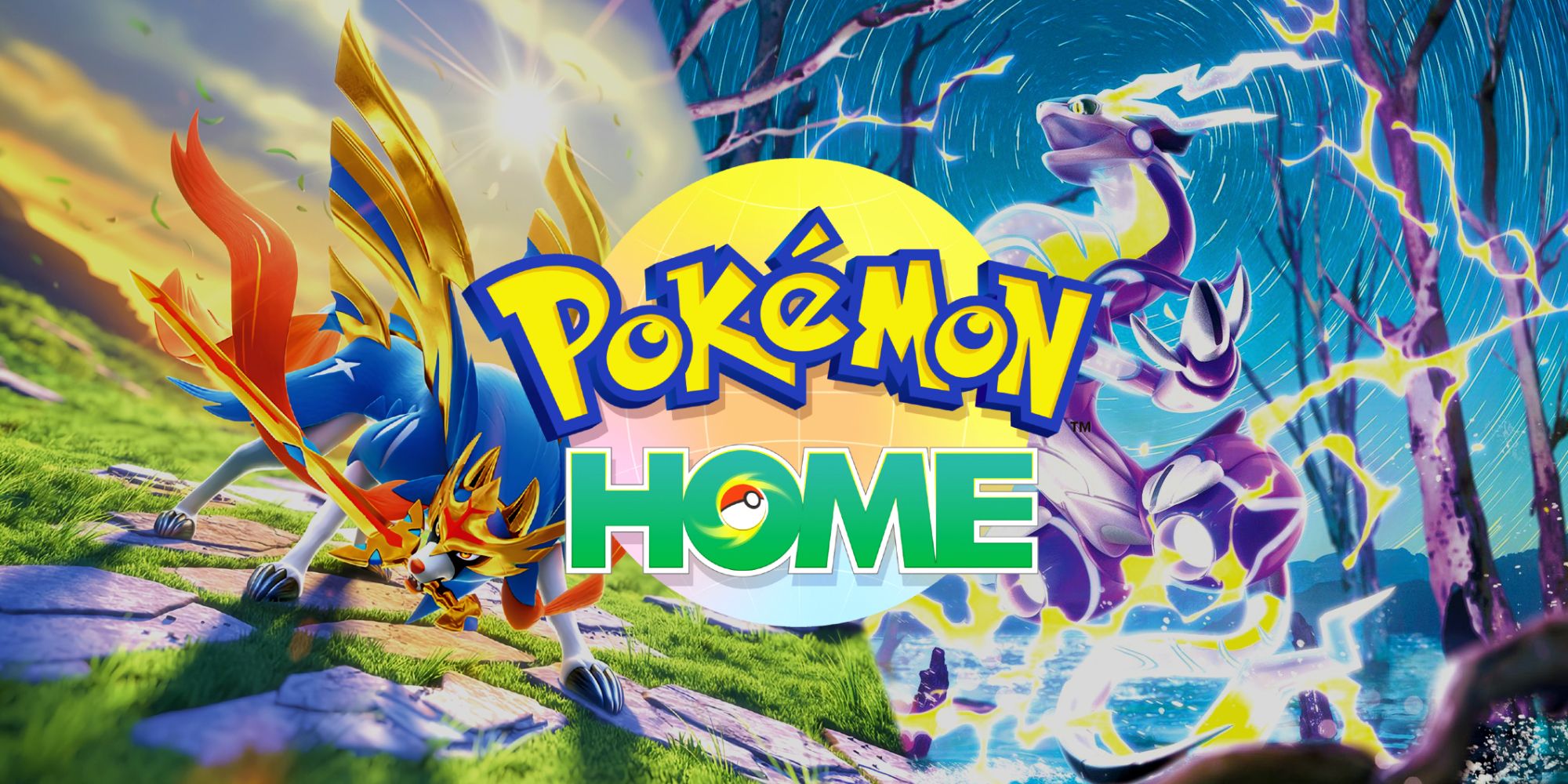 The Pokémon Home logo in front of a background split between artworks of Legendary Pokémon Zacian and Miraidon.