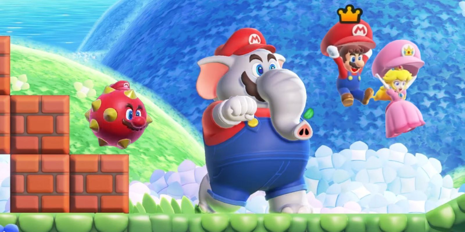 Power-Ups In Super Mario Bros. Wonder showing spiky ball Mario, Elephant Mario, and Mario and Peach with Parachute Hats
